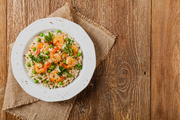 Risotto With Shrimp. Flat lay.