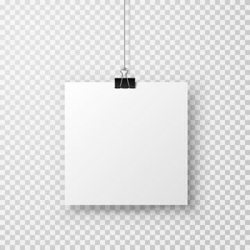 Blank paper sheet hanging on binder clip isolated on transparent background. Vector white memo post, sticker, poster or banner with shadow mockup