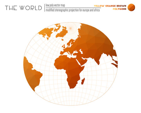 World map in polygonal style. Modified stereographic projection for Europe and Africa of the world. Yellow Orange Brown colored polygons. Awesome vector illustration.