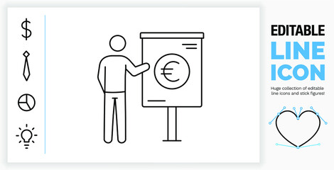 Editable line icon of a stick figure talking about finance