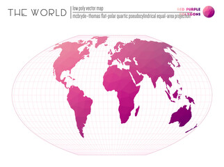Vector map of the world. McBryde-Thomas flat-polar quartic pseudocylindrical equal-area projection of the world. Red Purple colored polygons. Awesome vector illustration.