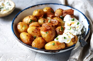 Baked young potatoes with bacon and sour cream sauce on a gray background, still life