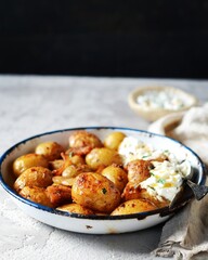 Baked young potatoes with bacon and sour cream sauce on a gray background, still life