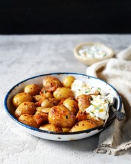 Baked young potatoes with bacon and sour cream sauce on a gray background, still life