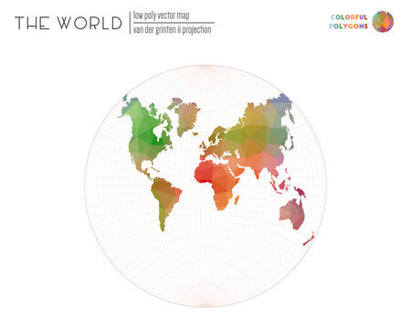 Low poly world map. Van der Grinten II projection of the world. Colorful colored polygons. Modern vector illustration.