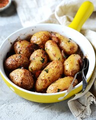 Baked young potatoes with bacon on a gray background, still life