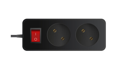 Black extension cord with two sockets. Portable socket. Realistic style. Vector.