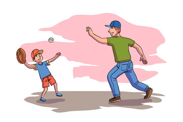 Fototapeta na wymiar Vector characters dad and son plays baseball