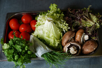 fresh tomatoes, mushrooms, lettuce, parsley, chives on a tray. vegan ingredients for a burger
