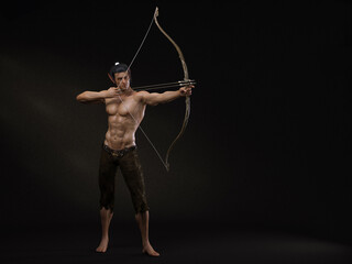 3D Rendering : A portrait of the elf male character standing and shooting with a bow and arrow in his hands