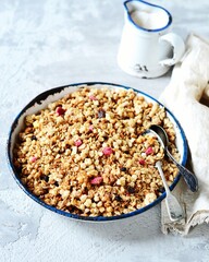 Homemade granola with berries and nuts in a bowl on a gray background