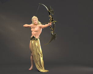 3D Rendering : A portrait of the elf male character standing and shooting with a bow and arrow in his hands