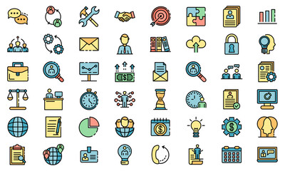 Administrator icons set. Outline set of administrator vector icons thin line color flat on white