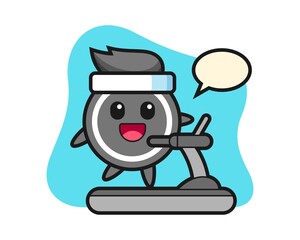 Hockey puck cartoon walking on the treadmill
