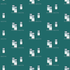 Antiviral vaccine. Medical bottles. COVID 19. SARS CoV 2.Vector background with vaccine bottles. Seamless pattern, template in flat style for textiles, medical packaging.