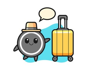 Hockey puck cartoon with luggage on vacation