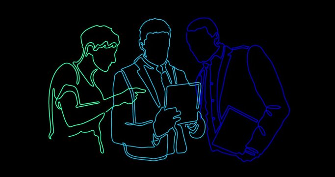 Corporate modern business woman & 2 men team in suits working & pointing tablet. One single line stroke illustration drawing outline animation. Neon light painting style. Alpha channel transparency