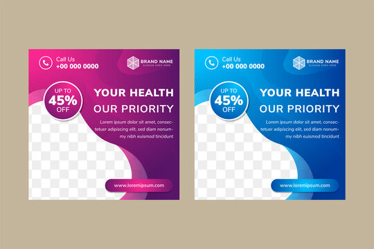 Social Media Banner Use Your Health Is Our Priority As Example Of Headline. Square Banner Layout With Purple And Blue With Space Of Photo Collage. Liquid Style With Halftone Circle As Element. 