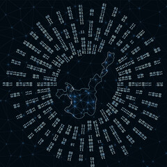 Ishigaki digital map. Binary rays radiating around glowing island. Internet connections and data exchange design. Vector illustration.