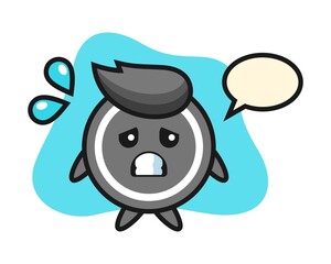 Hockey puck cartoon with afraid gesture