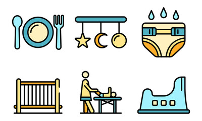 Babysitter icons set. Outline set of babysitter vector icons thin line color flat on white