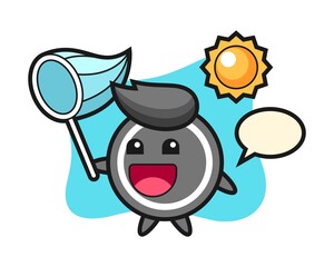 Hockey puck cartoon is catching butterfly