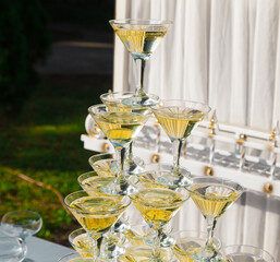 Image of the champagne pyramid on wedding banquet