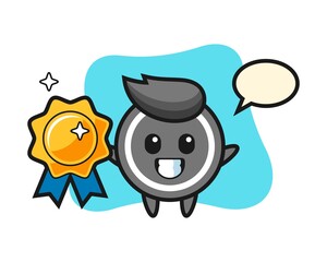 Hockey puck cartoon holding a golden badge