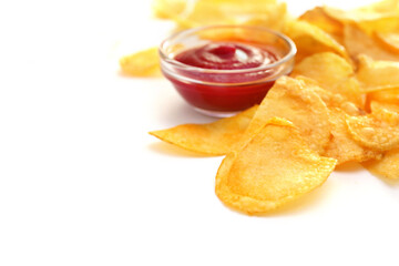 Potato chips and sauce isolated on white background