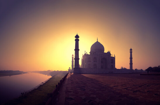 A panoramic morning view of the Taj Mahal with Rivar Yamuna flowing besides;