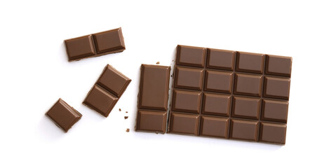 Chocolate pieces isolated on white background from top view