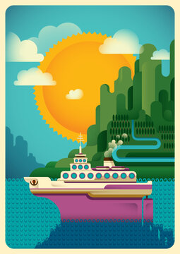 Cruising ship in the sea surrounding with wild nature. Vector illustration.