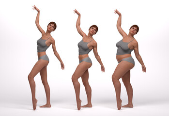 Fototapeta na wymiar 3D Rendering : standing female body type illustration : ectomorph (skinny type), mesomorph (muscular type), endomorph(heavy weight type)