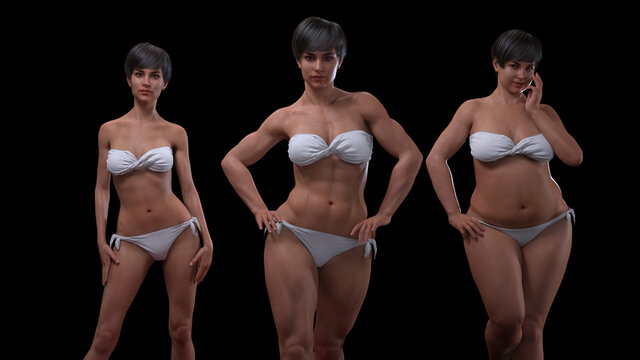 3D Rendering : standing female body type illustration : ectomorph (skinny type), mesomorph (muscular type), endomorph(heavy weight type)