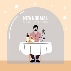 Social distancing and man at table vector design