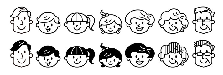 三世代家族　顔　アウトライン　モノクロ