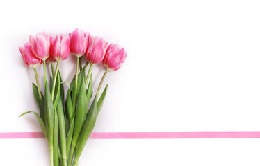 Pink tulips isolated on white background. Top view