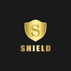 Vector illustration of a gold shield and the letter S. Template Shield logo with a luxurious gold design