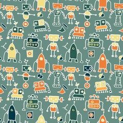 seamless doodle pattern with colorful robots