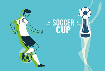 Soccer player man with ball and trophy vector design