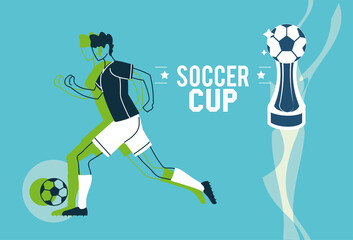 Soccer player man with ball and trophy vector design