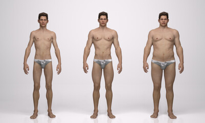 Naklejka premium 3D Rendering : standing male body type illustration : ectomorph (skinny type), mesomorph (muscular type), endomorph (heavy weight type),Front View