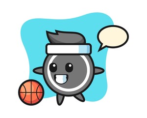 Hockey puck cartoon is playing basketball