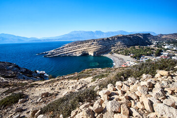 Matala bay, rock and beach on the island of Crete
