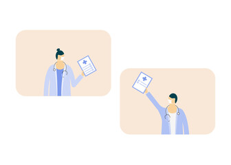 An illustration of close communication at a distance. A man and a woman holding tablets in their hands talking on video communication