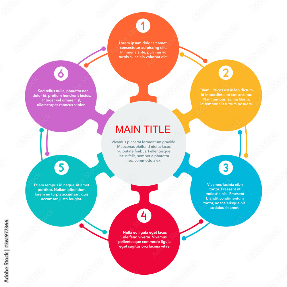 Poster infographic template - 6 steps (points, six options) with colorful circular options fragments connec