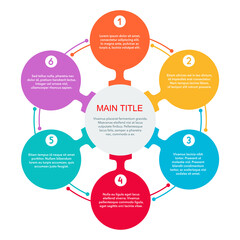 Infographic template  - 6 steps (points, six options) with colorful circular options fragments connected to each other by lines and sample text - vector chart