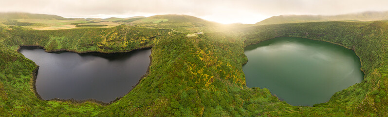 Fototapeta premium Aerial Panoramic view of Lagoa Negra and Lagoa Comprida on the Azores island of Flores 