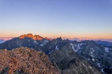 Landscape of high rocky mountains before the sunrise. High Tatras.