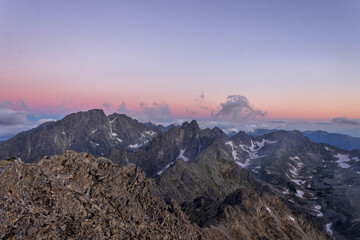 Landscape of high rocky mountains before the sunrise. High Tatras.